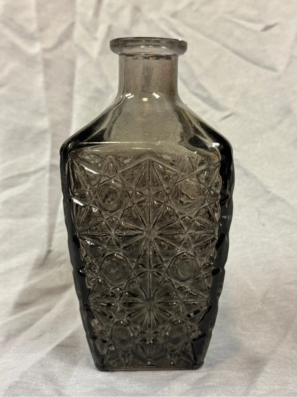 Vintage Smoky Gray Pressed Glass Decanter Bottle - Starburst Pinwheel Pattern